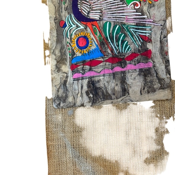 Mexican Folk Art Fancy Bird Painting in Burlap Embroidered Textile Art Panels - Picture 10 of 10